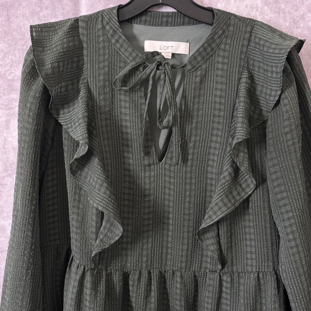 Y2K LOFT Womens SizeXS/S Green Ruffle Tie Long Sleeve Empire Waist Dress Peasant